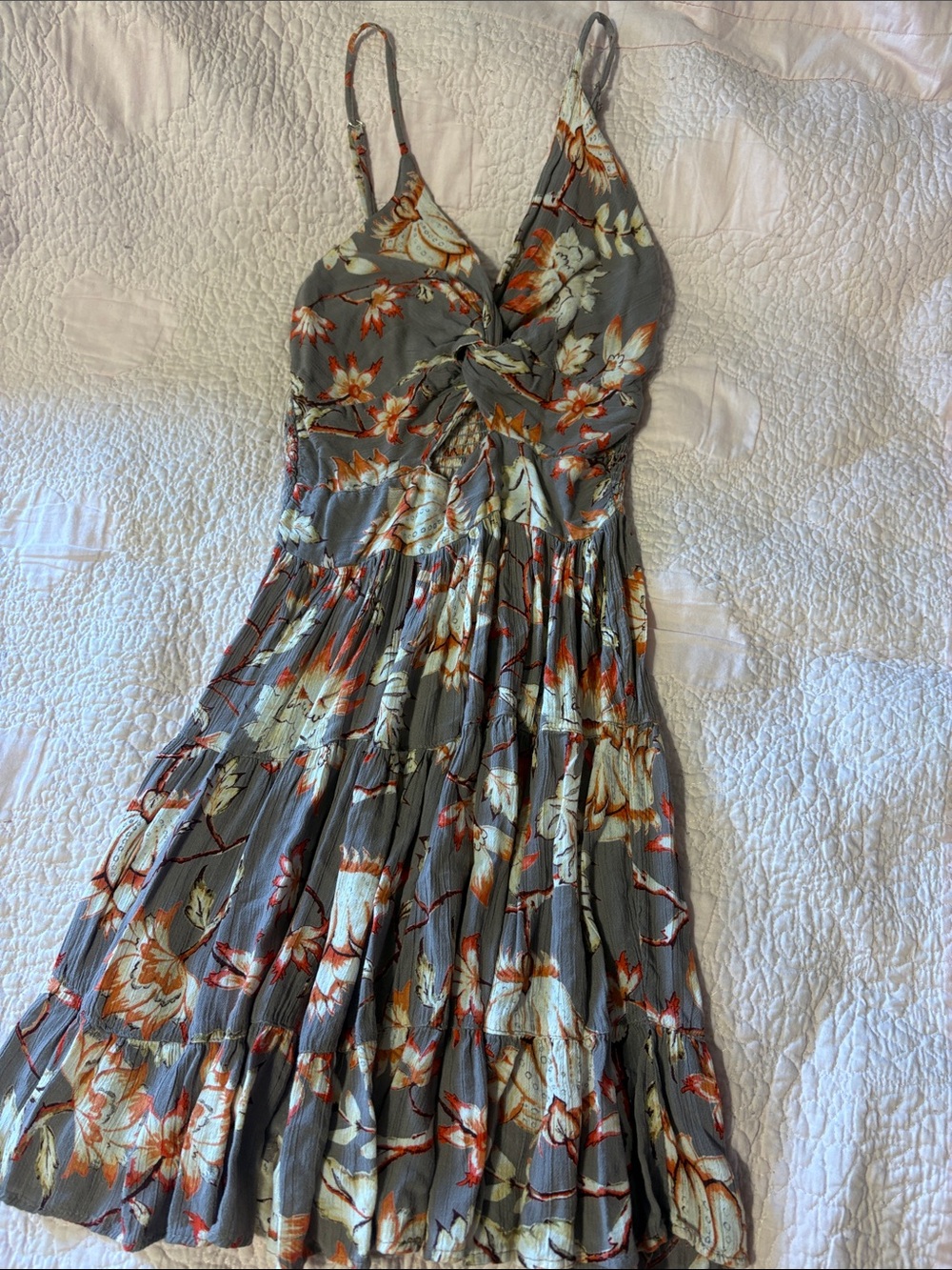Angie Gray Floral Tie-Front Midi Dress with Orange Accents